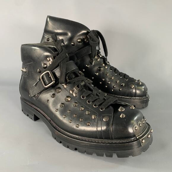 PRADA Size 12 Black Studded Leather Ankle Boots main image 5